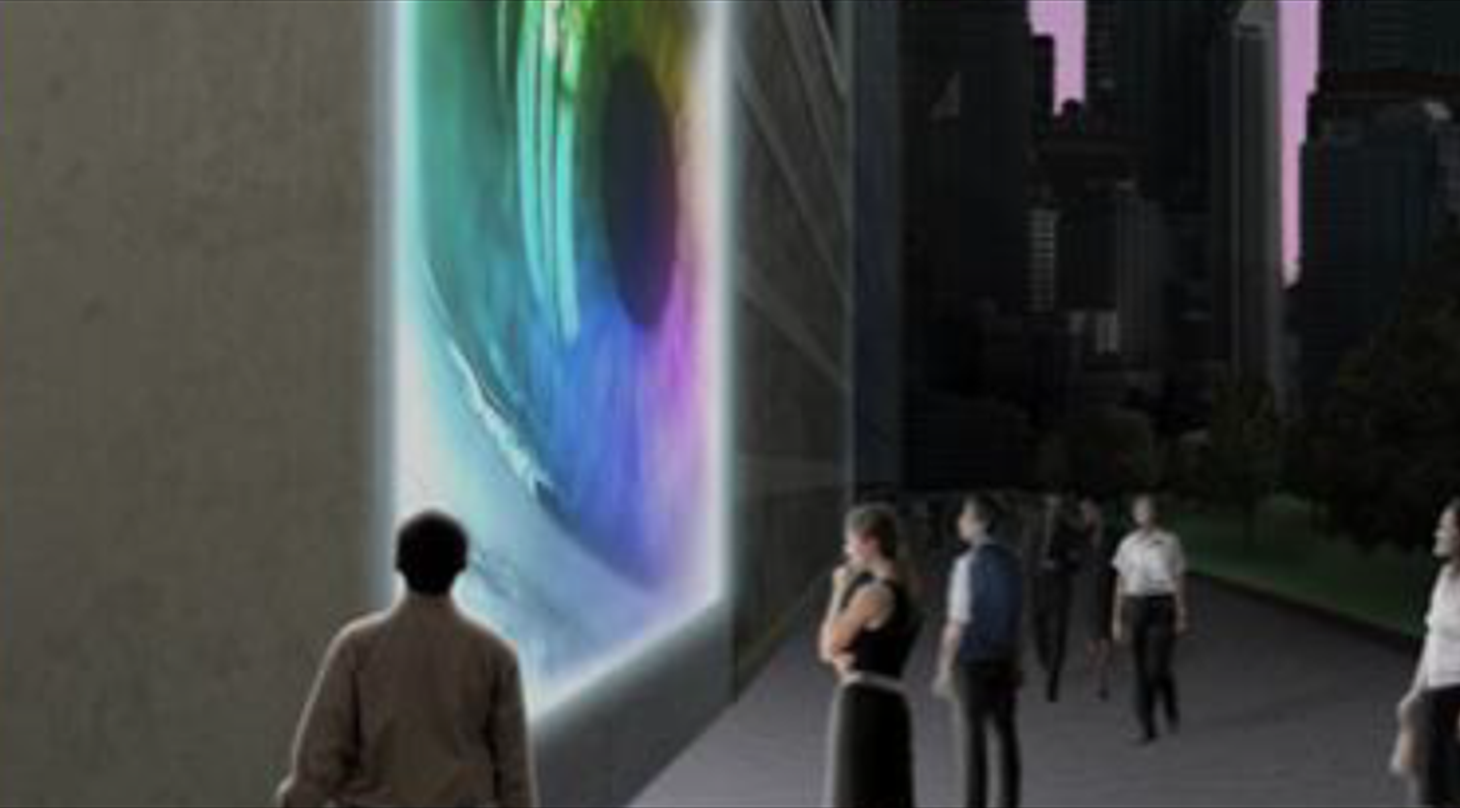 Illustration over hvordan anvendelsen af en digital beton skærm i bybilledet kunne se ud. Billedet viser et stort øje på en bygningsvæg med indstøbte lysledere.